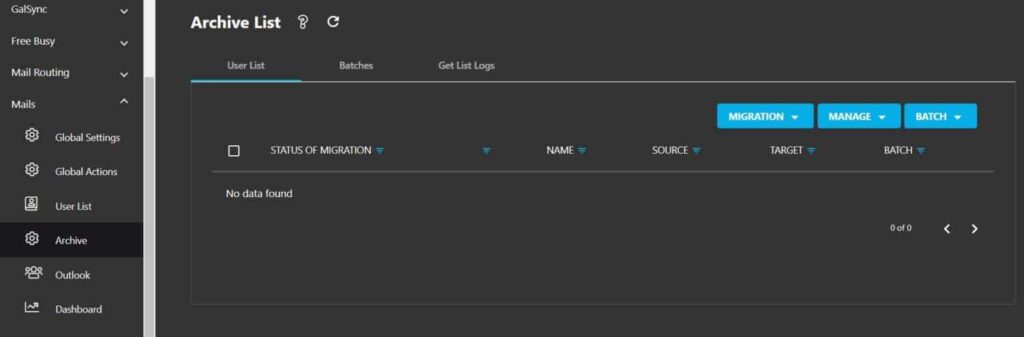 Archive mailboxes list