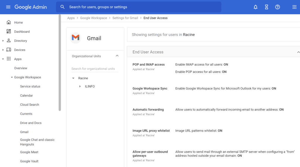 Google Workspace End User Access IMAP settings in Admin Console