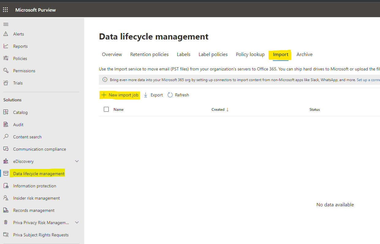 Microsoft Data lifecycle management Import