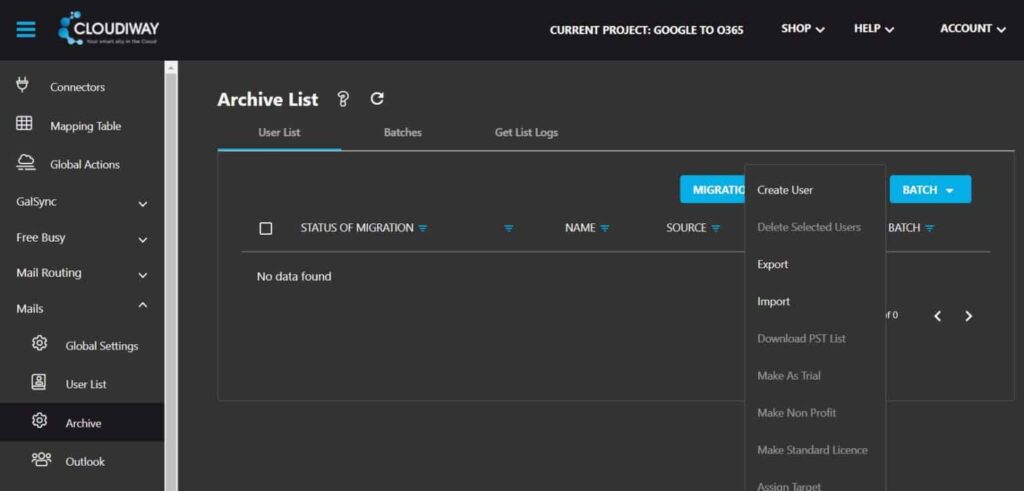Portal Cloudiway Mails Archive Manage