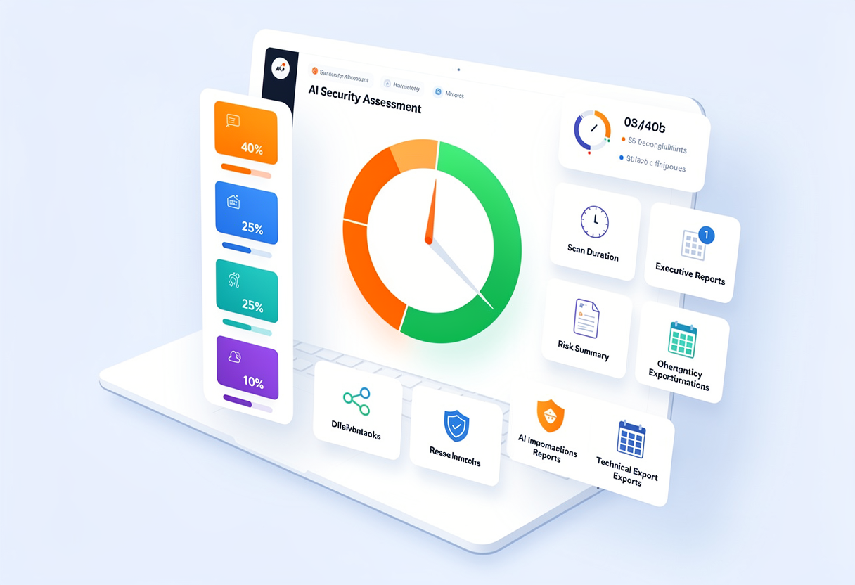 Cloudiway AI Readiness Assessment dashboard showing CAF Score, risk categories, scan duration, executive reports and remediation tracking