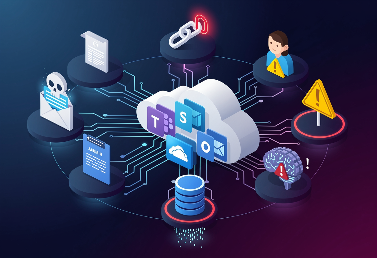 Microsoft 365 Copilot risk catalog illustrated as threat categories around a tenant