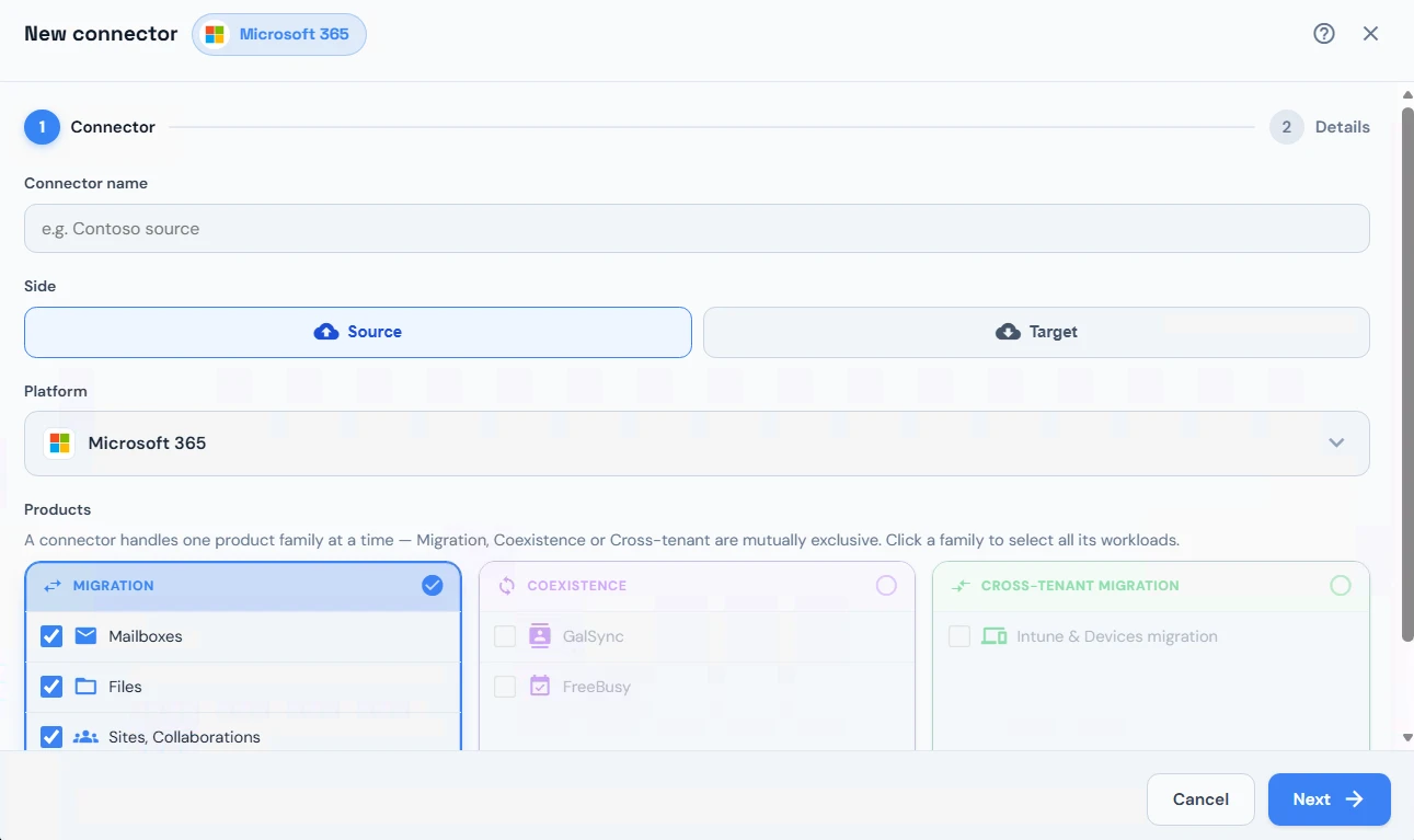 New connector dialog for Microsoft 365 in Cloudiway: connector name, source or target side, platform and products (mailboxes, files, sites)