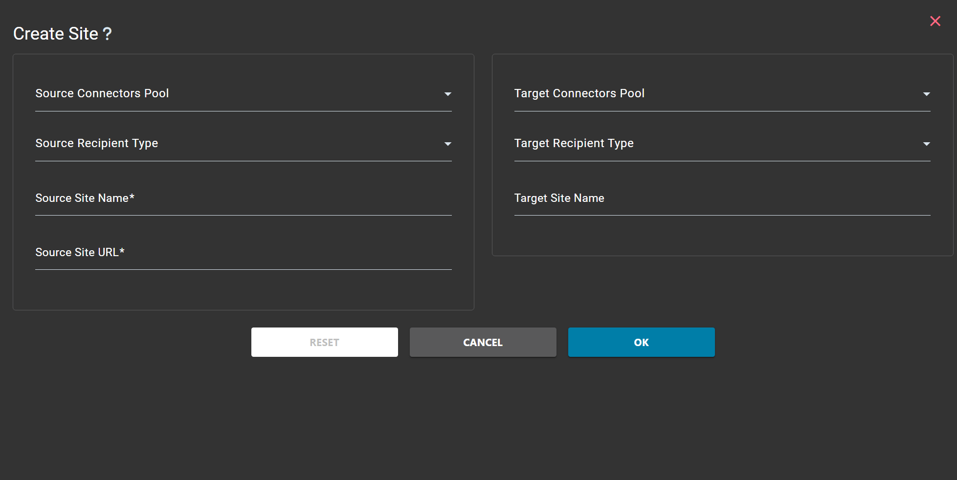 Create Site dialog