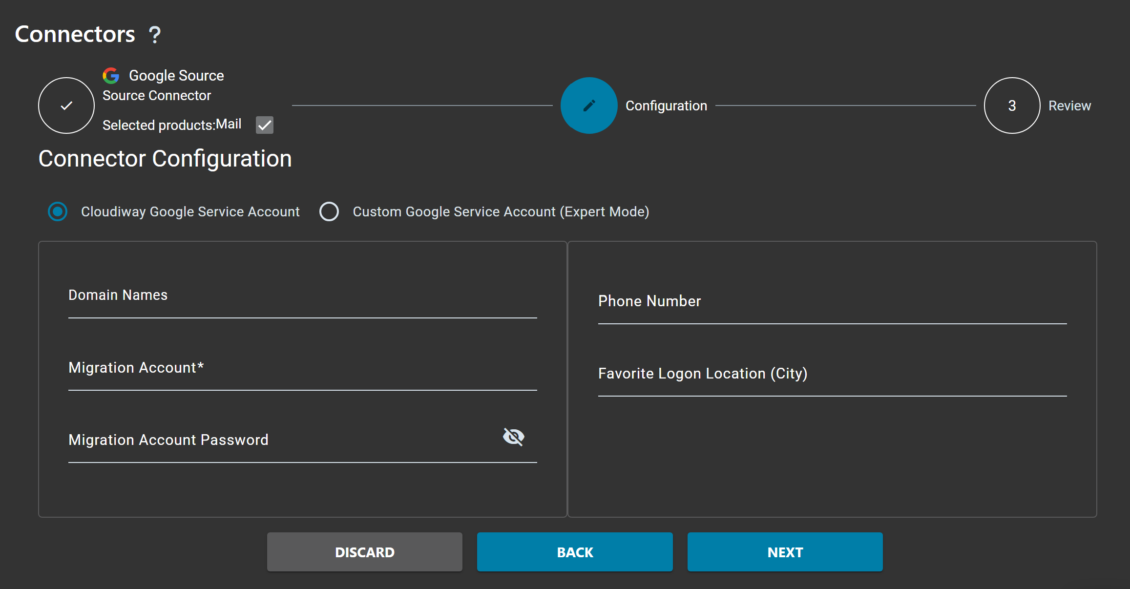 Google Source Connector configuration in Cloudiway - showing Cloudiway Google Service Account and Custom Google Service Account options