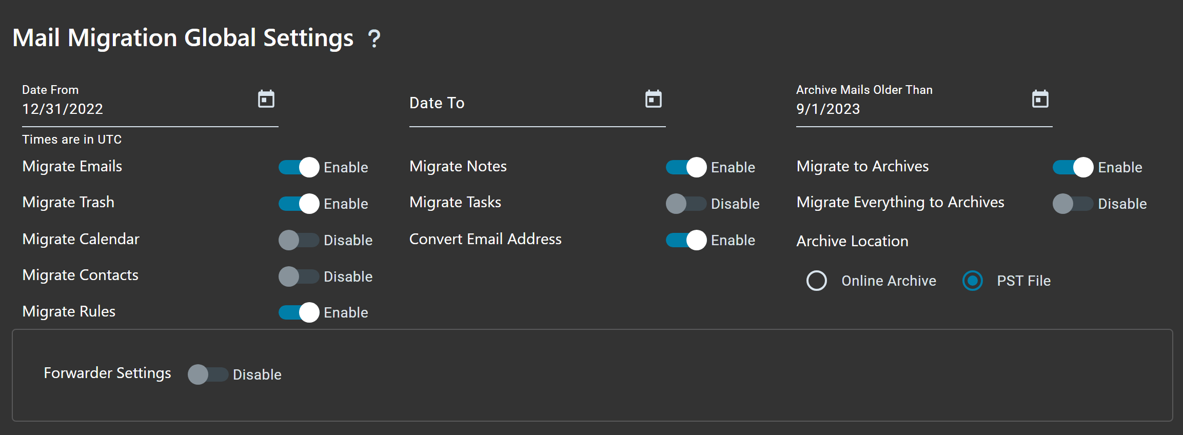 Mail migration global settings