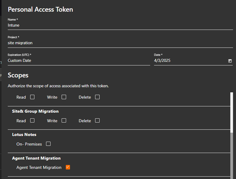 Personal Access Token creation