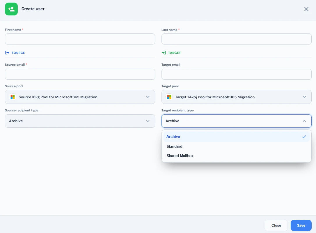 Create user dialog to manually add an archive entry, with source and target pools and the source and target recipient type set to Archive