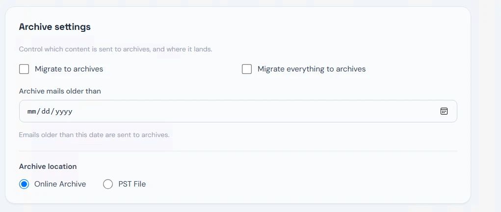 Archive settings with the Migrate to archives option, archive date threshold and archive location set to Online Archive or PST File