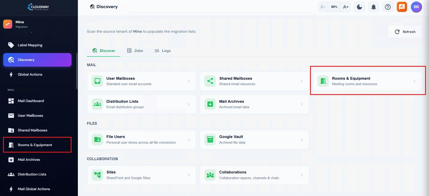 Discovery page of Cloudiway with the Rooms and Equipment card and the Rooms and Equipment menu highlighted