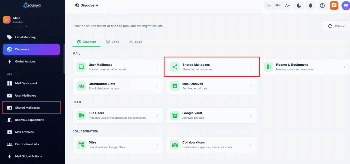 Discovery page of Cloudiway with the Shared Mailboxes card and the Shared Mailboxes menu highlighted