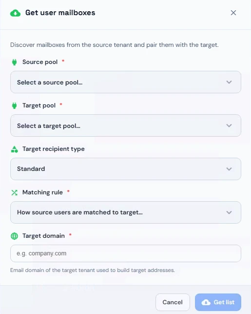 Get user mailboxes dialog with source pool, target pool, target recipient type, matching rule and target domain fields