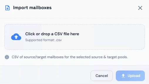 Import mailboxes dialog to upload a CSV file of source and target mailboxes
