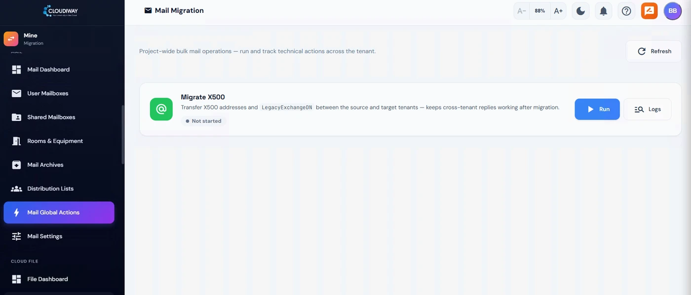 Mail Global Actions page with the Migrate X500 action that transfers X500 addresses and LegacyExchangeDN between source and target tenants