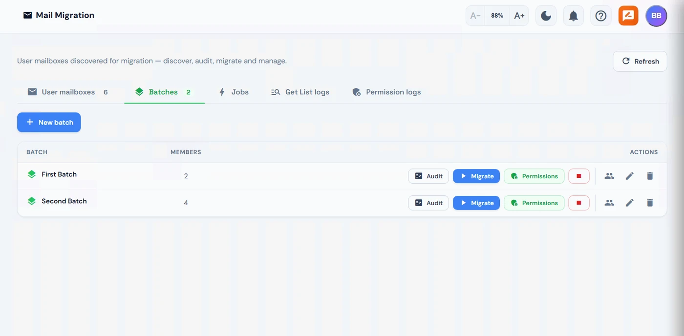 Batches tab of the User Mailboxes page with the New batch button and two batches listed with their members