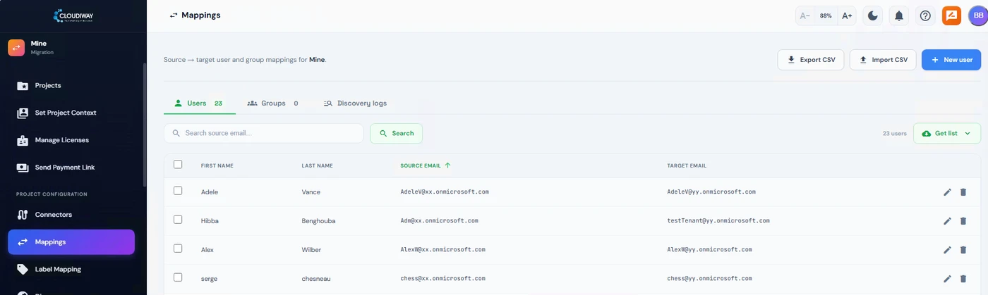 Mappings page in Cloudiway listing users with first name, last name, source email and target email for a Microsoft 365 tenant-to-tenant migration