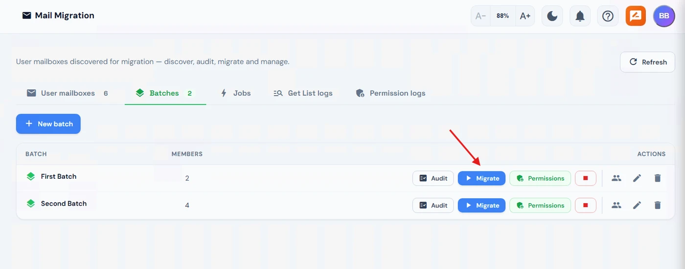 Migrate button on a batch row to start the migration of all mailboxes in the batch
