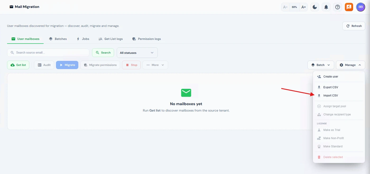 Manage menu of the User Mailboxes page with Create user, Export CSV and Import CSV options