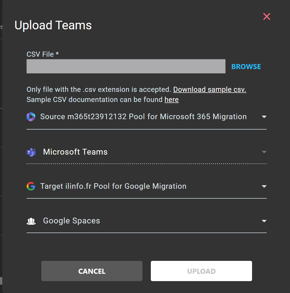 Upload Teams dialog for CSV import