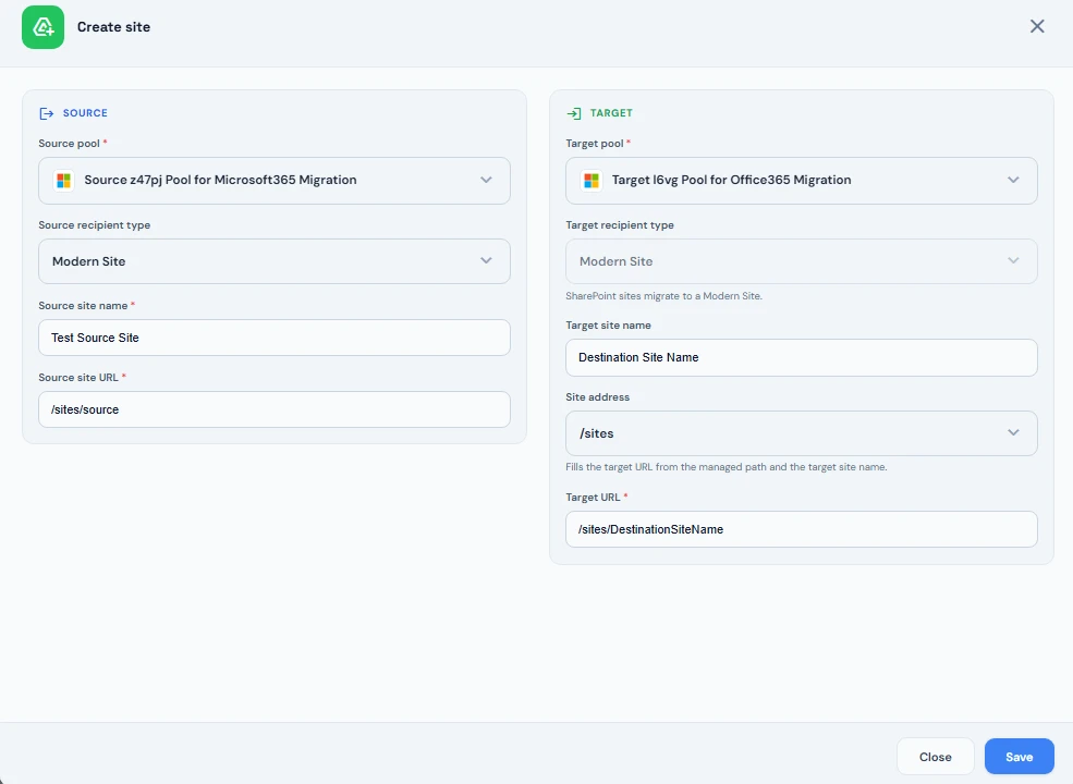 Create site dialog with source pool, source site name and URL, target pool, target site name and target URL