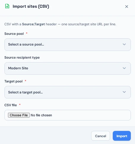 Import sites (CSV) dialog with source pool, source recipient type, target pool and CSV file