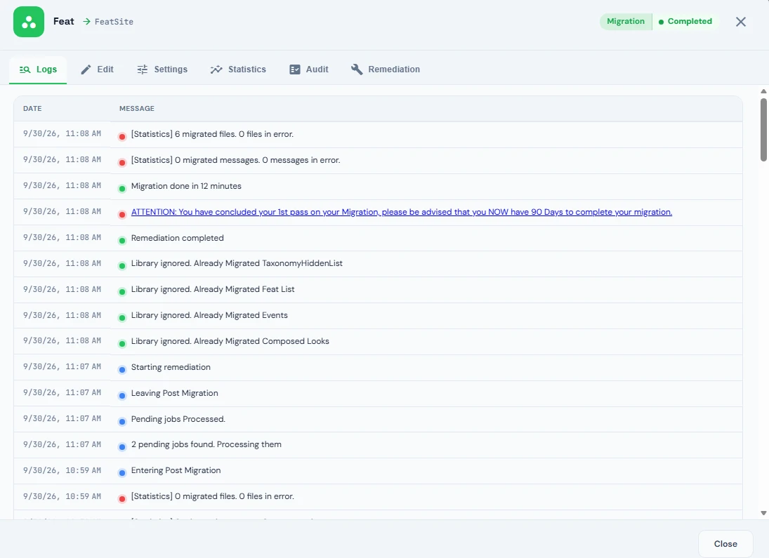 Logs tab of a site migration with dated messages showing the migration progress and statistics