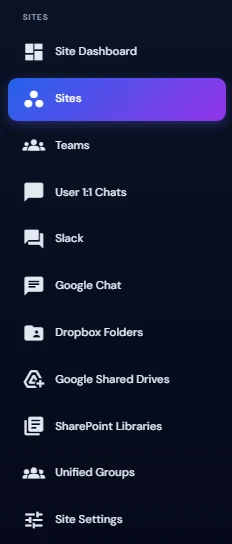 Sites section of the Cloudiway navigation menu with Site Dashboard, Sites, Teams, SharePoint Libraries and Site Settings
