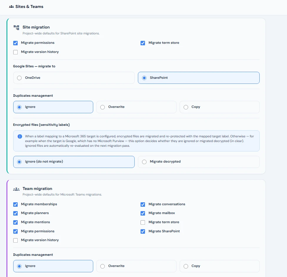 Sites and Teams global settings with Site migration options (permissions, term store, version history, duplicates management, encrypted files) and Team migration options