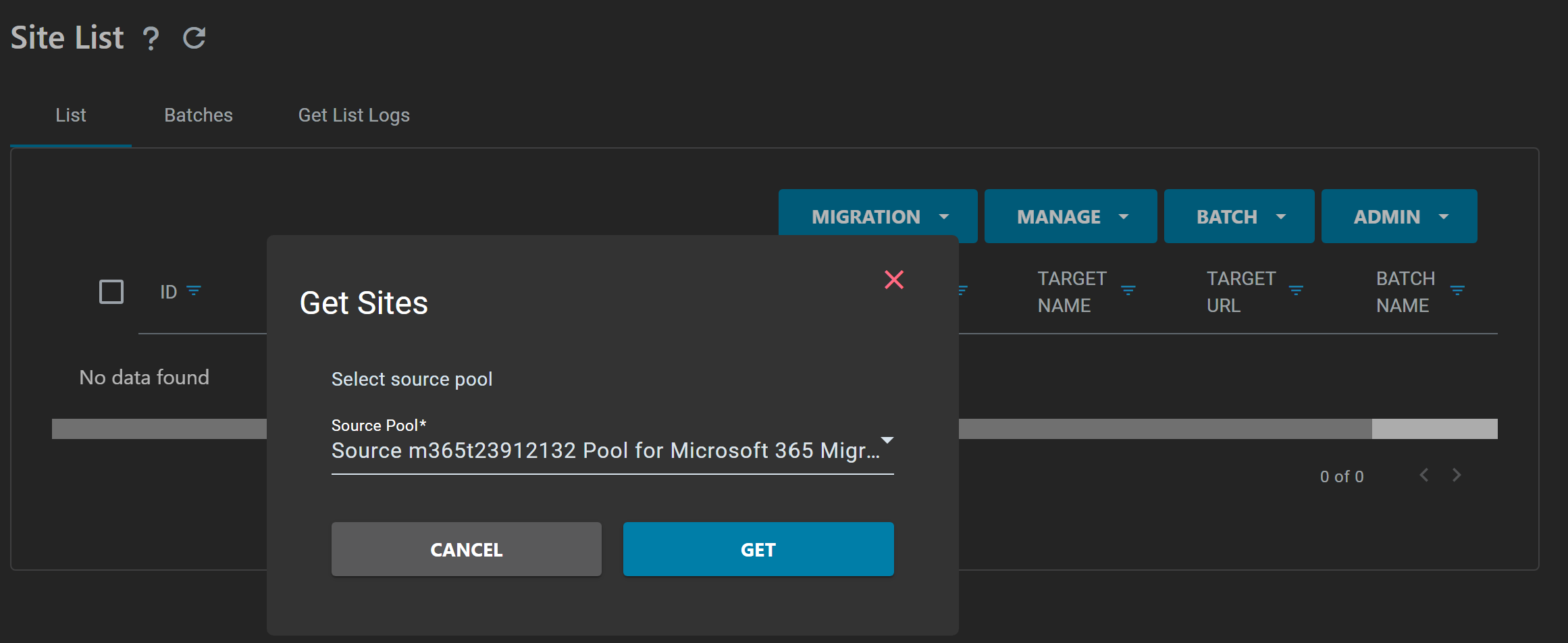 Get Sites dialog