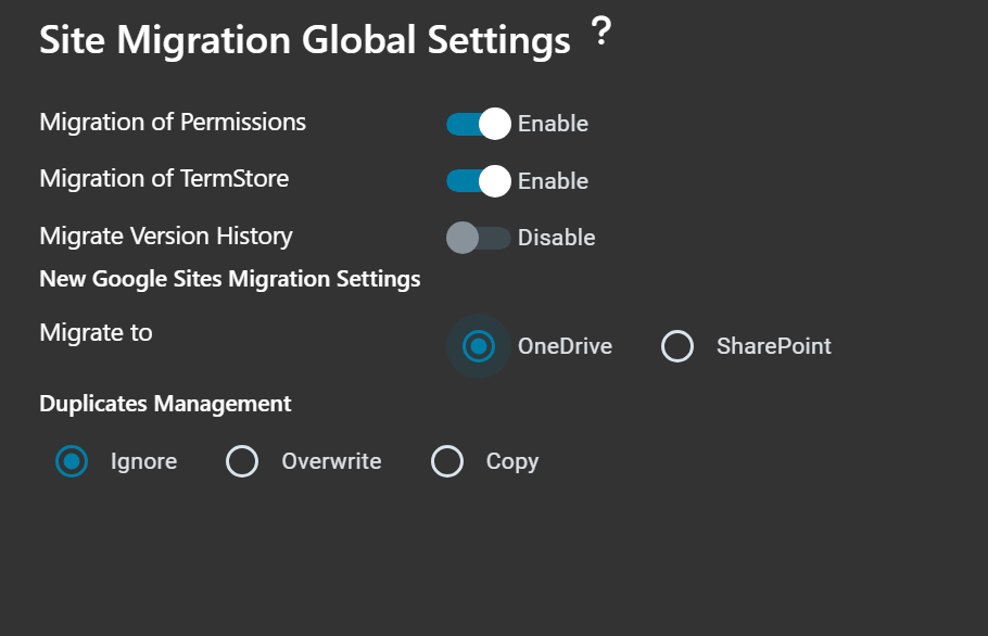 Site Migration Global Settings
