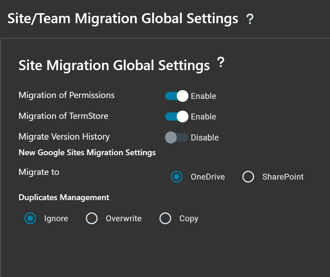 Site Migration Global Settings