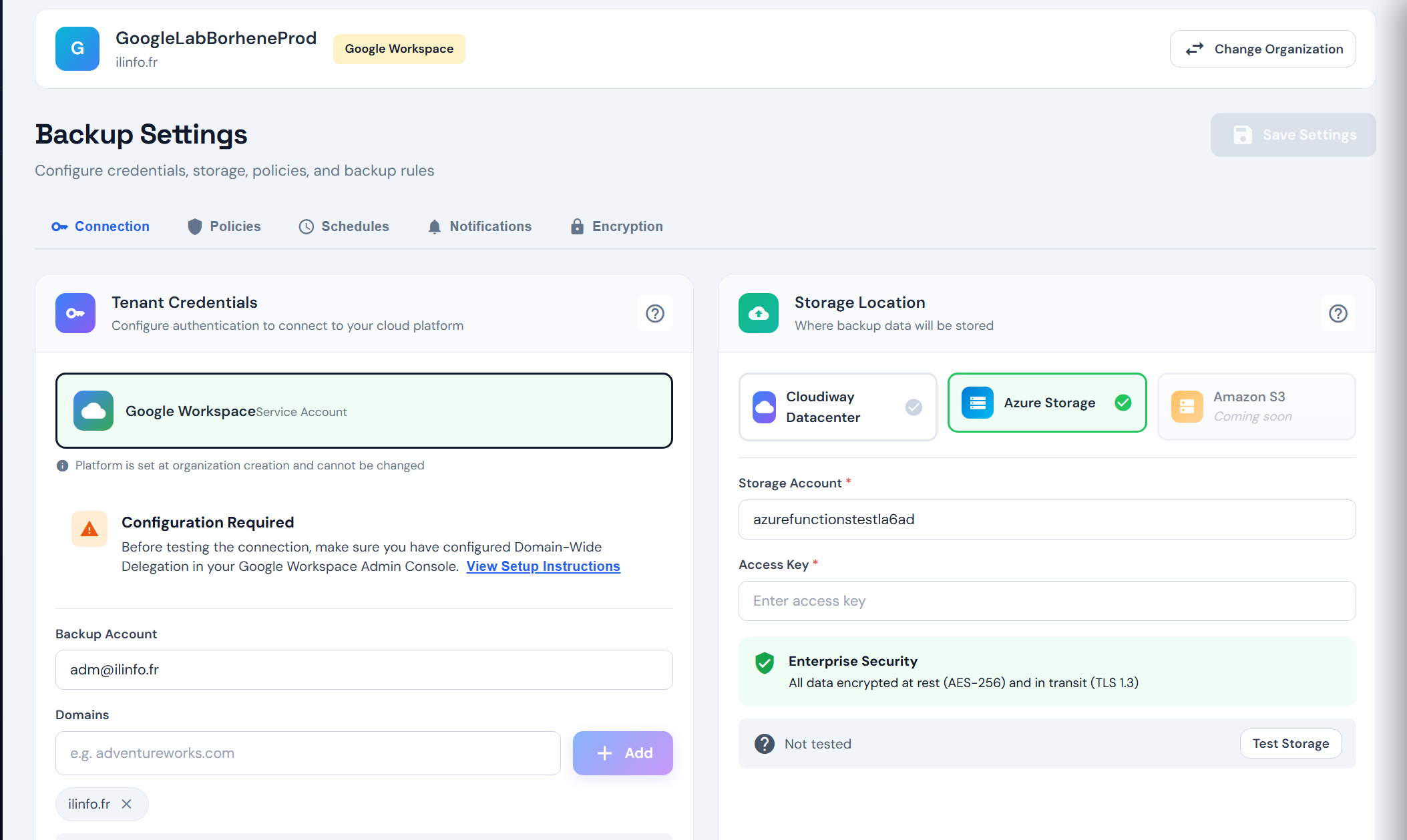 Cloudiway Backup settings showing storage location options including Cloudiway Datacenter, Azure Storage, and Amazon S3