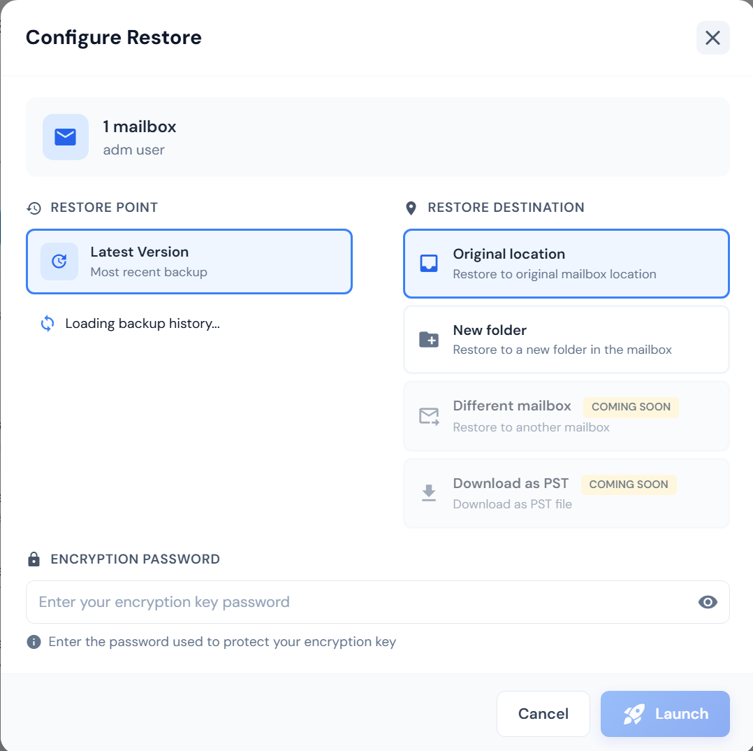 Cloudiway Backup restore configuration showing point-in-time recovery and multiple restore destination options