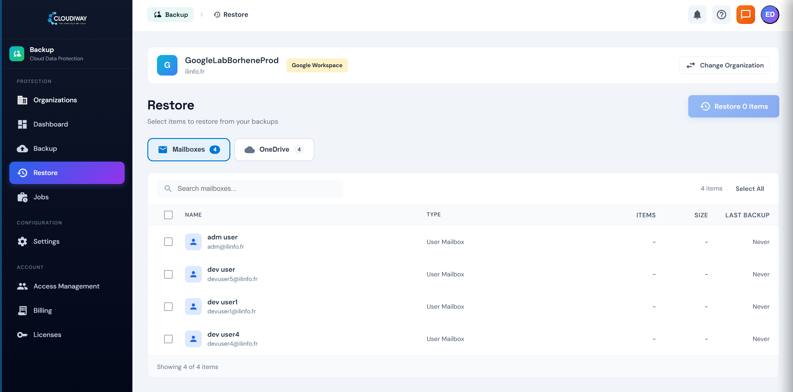 Cloudiway Backup restore screen showing mailbox and OneDrive selection for data recovery