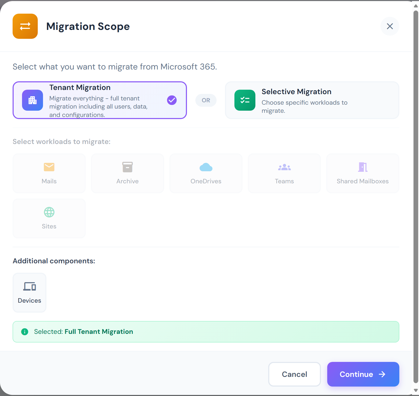Choose migration scope — full tenant or selective workloads